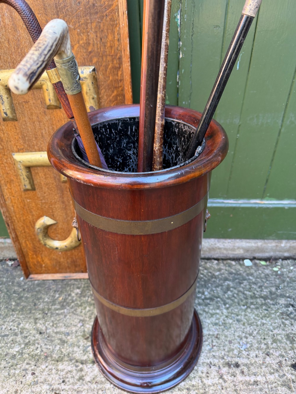 Mid C19th brass-bound mahogany cylindrical stick and umbrella stand .  View X