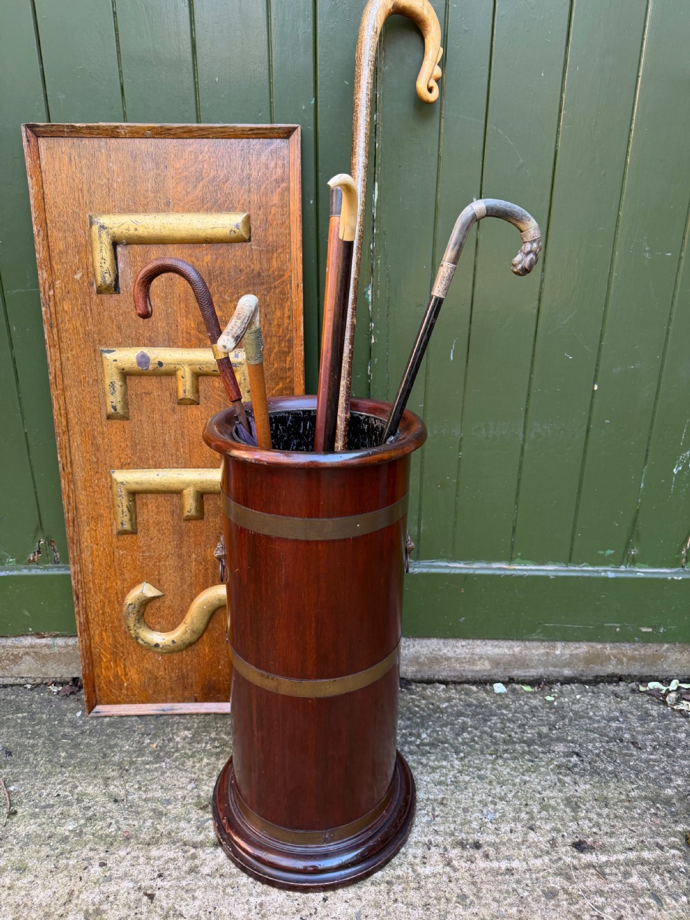 Mid C19th brass-bound mahogany cylindrical stick and umbrella stand .  View XII