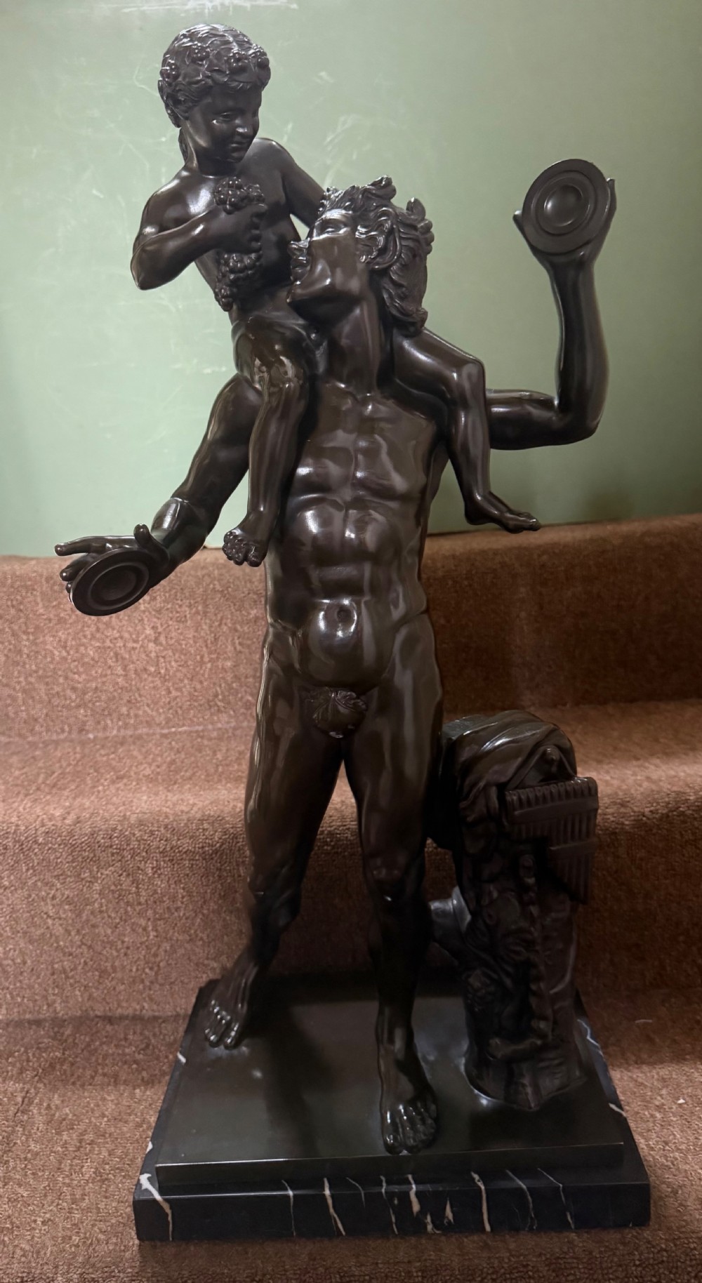 Large late C19th / early C20th Italian ‘Grand Tour ‘ souvenir bronze study , after the antique, of a Faun and the infant Bacchus. View III