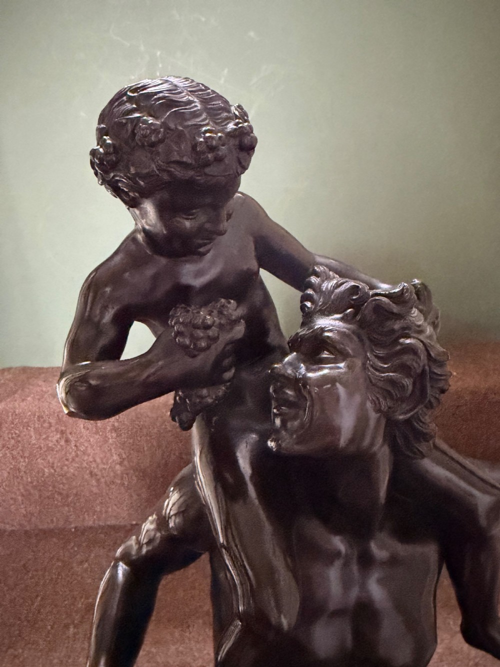 Large late C19th / early C20th Italian ‘Grand Tour ‘ souvenir bronze study , after the antique, of a Faun and the infant Bacchus. View V