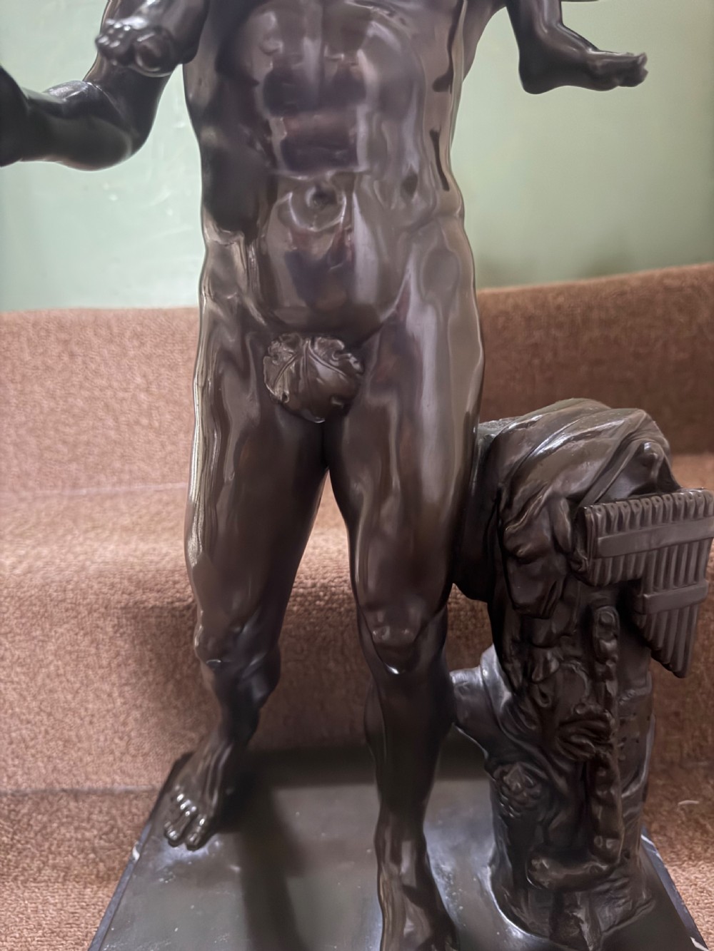 Large late C19th / early C20th Italian ‘Grand Tour ‘ souvenir bronze study , after the antique, of a Faun and the infant Bacchus. View VIII