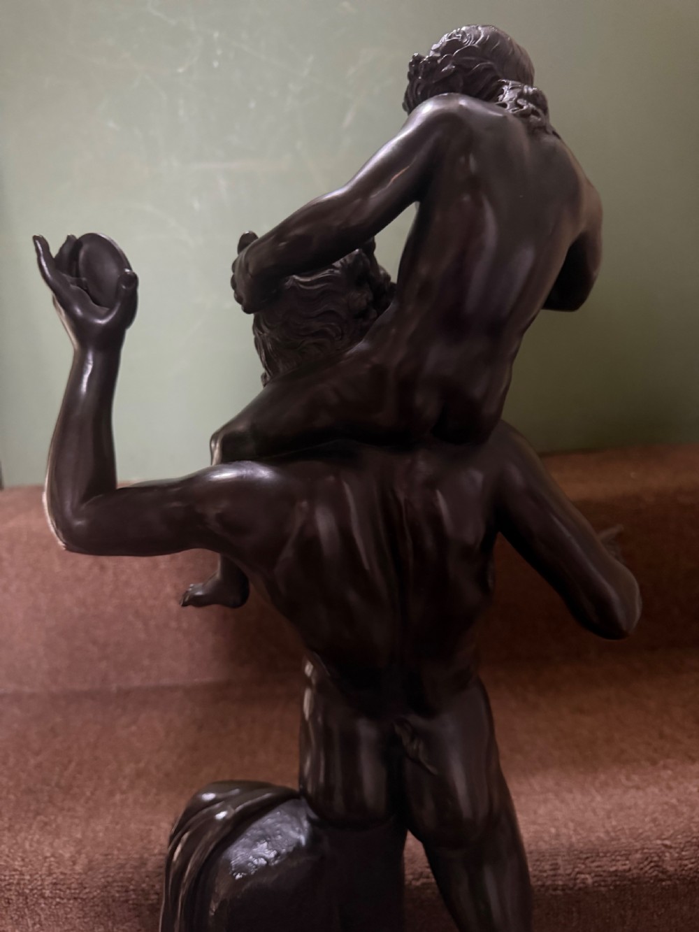 Large late C19th / early C20th Italian ‘Grand Tour ‘ souvenir bronze study , after the antique, of a Faun and the infant Bacchus. View X