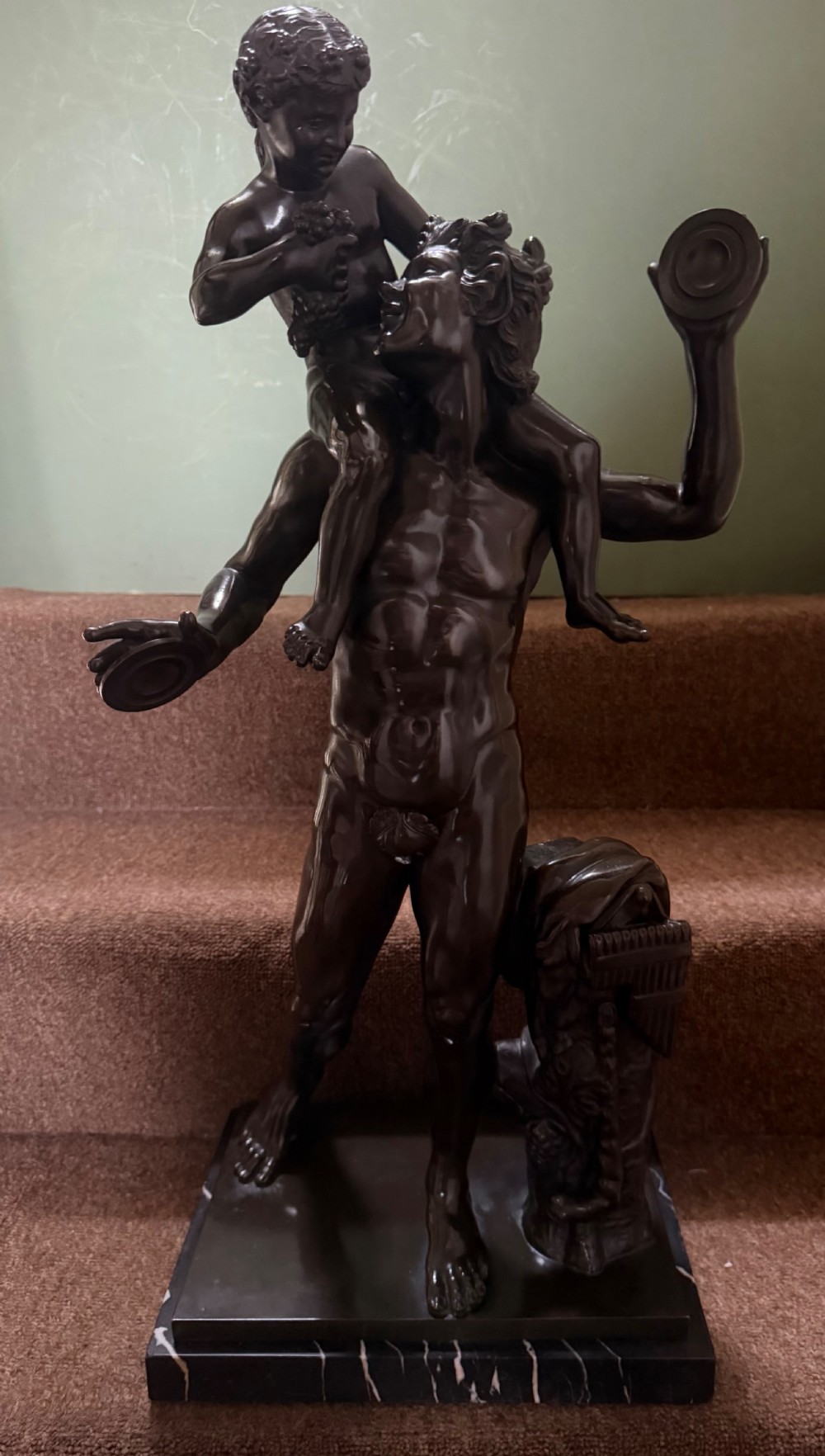 Large late C19th / early C20th Italian ‘Grand Tour ‘ souvenir bronze study , after the antique, of a Faun and the infant Bacchus. View XII