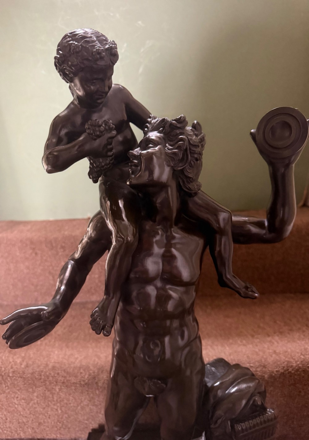 Large late C19th / early C20th Italian ‘Grand Tour ‘ souvenir bronze study , after the antique, of a Faun and the infant Bacchus. View XIII