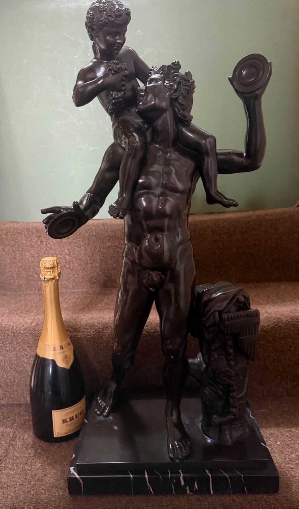 Large late C19th / early C20th Italian ‘Grand Tour ‘ souvenir bronze study , after the antique, of a Faun and the infant Bacchus. View XIV