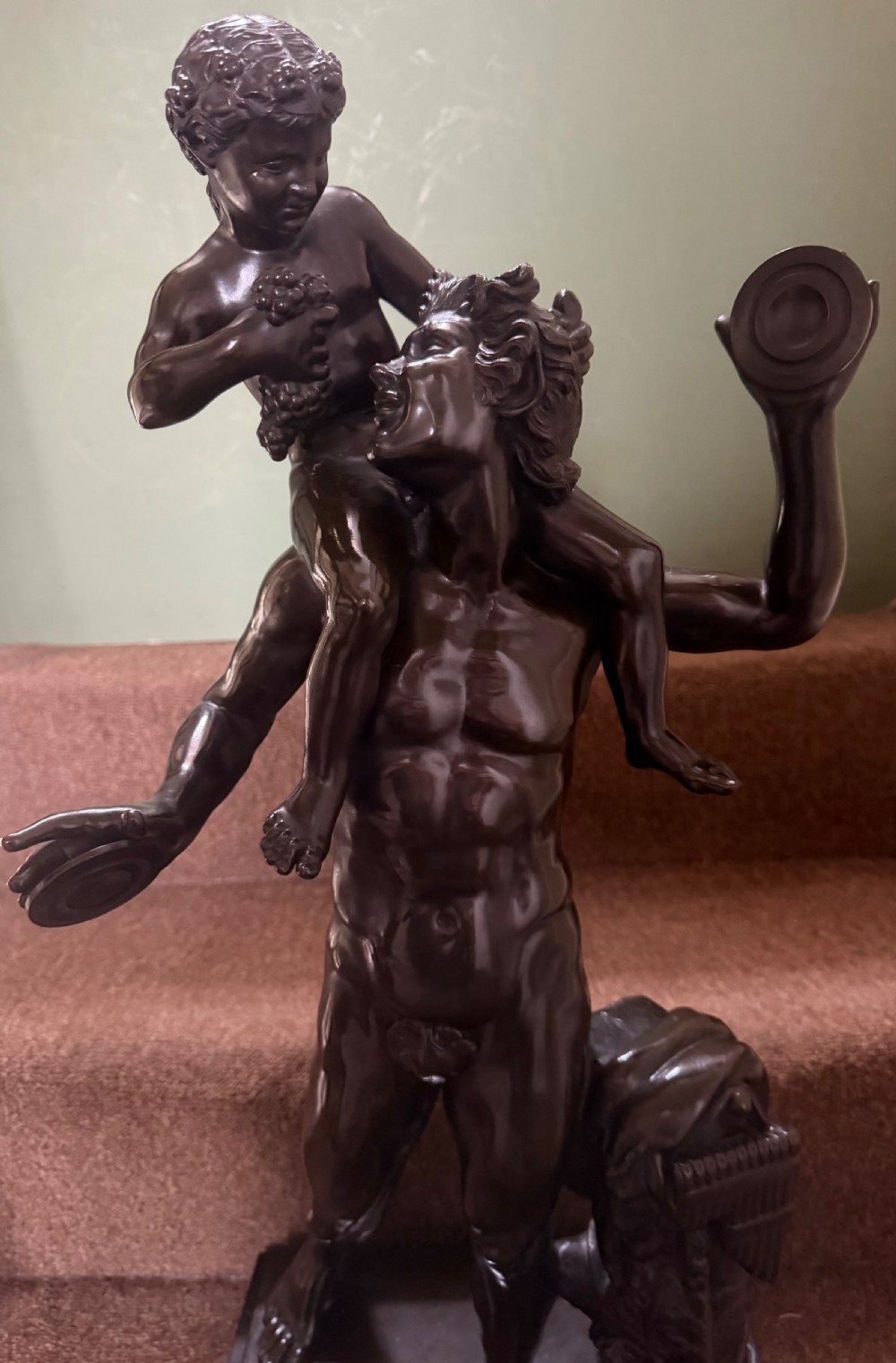 Large late C19th / early C20th Italian ‘Grand Tour ‘ souvenir bronze study , after the antique, of a Faun and the infant Bacchus. View XV