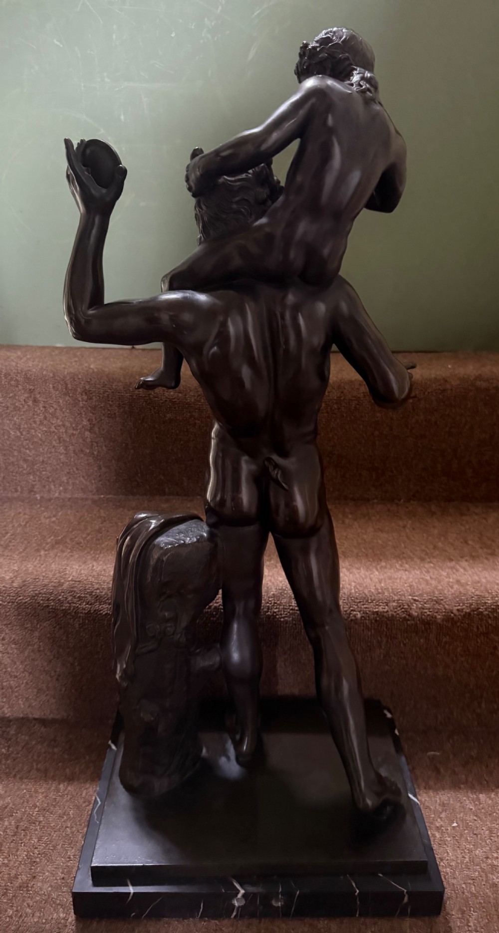 Large late C19th / early C20th Italian ‘Grand Tour ‘ souvenir bronze study , after the antique, of a Faun and the infant Bacchus. View XIX