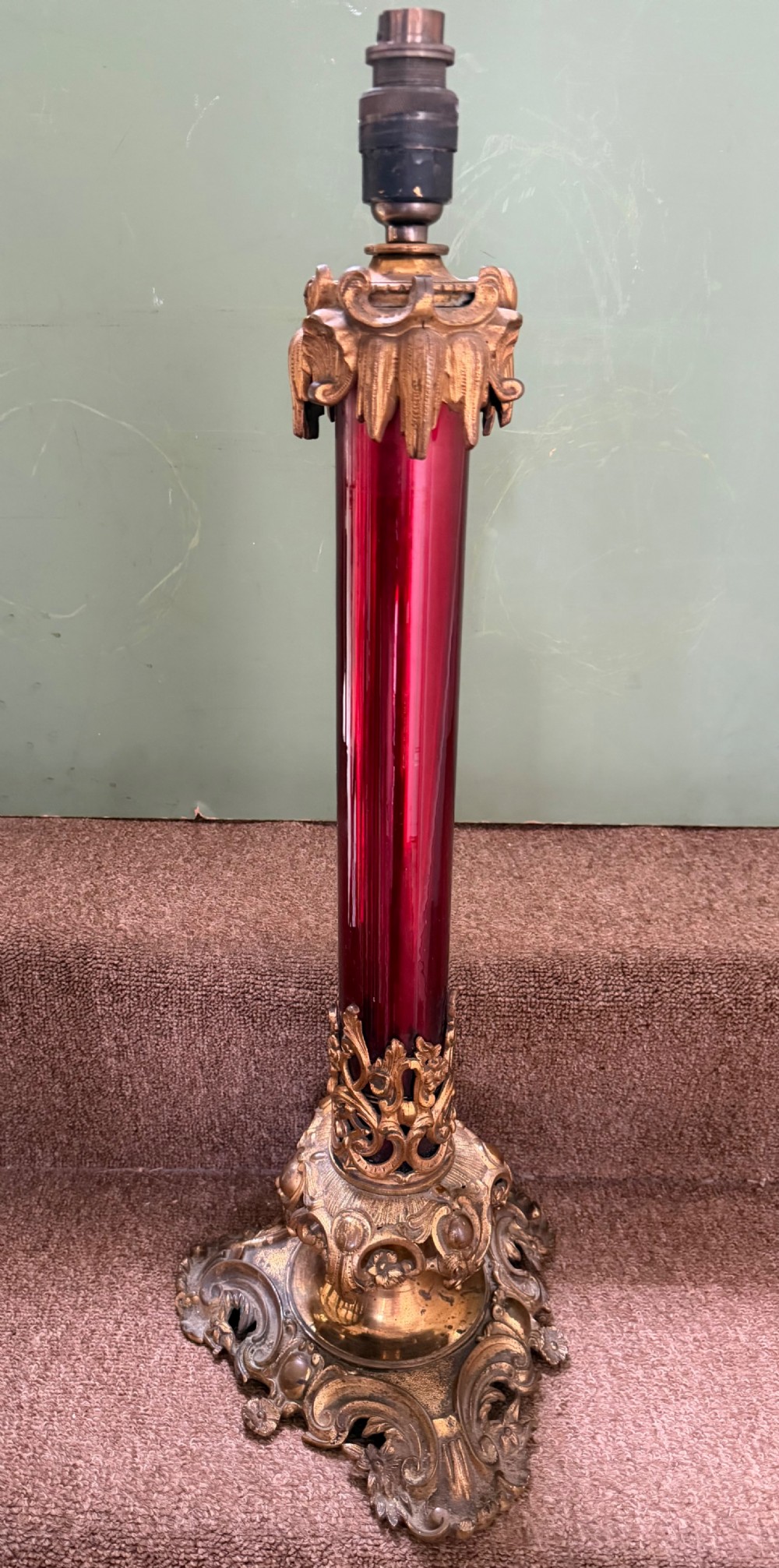 A flamboyant mid C19th ormolu-mounted red enamel glass-bodied lamp .