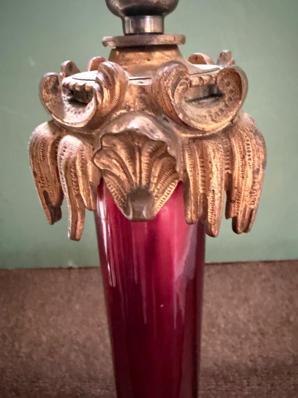 A flamboyant mid C19th ormolu-mounted red enamel glass-bodied lamp . View IV