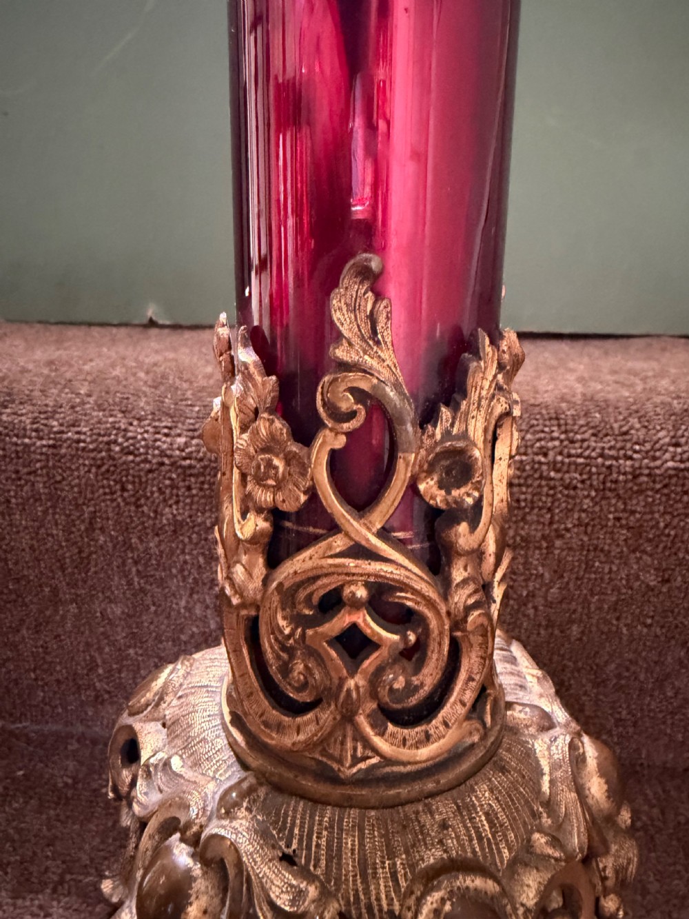 A flamboyant mid C19th ormolu-mounted red enamel glass-bodied lamp . View VI