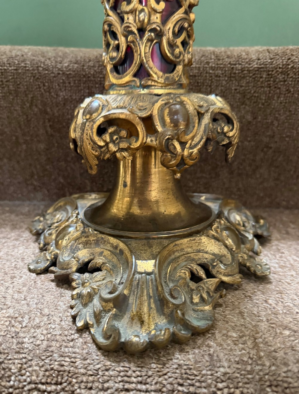 A flamboyant mid C19th ormolu-mounted red enamel glass-bodied lamp . View VII