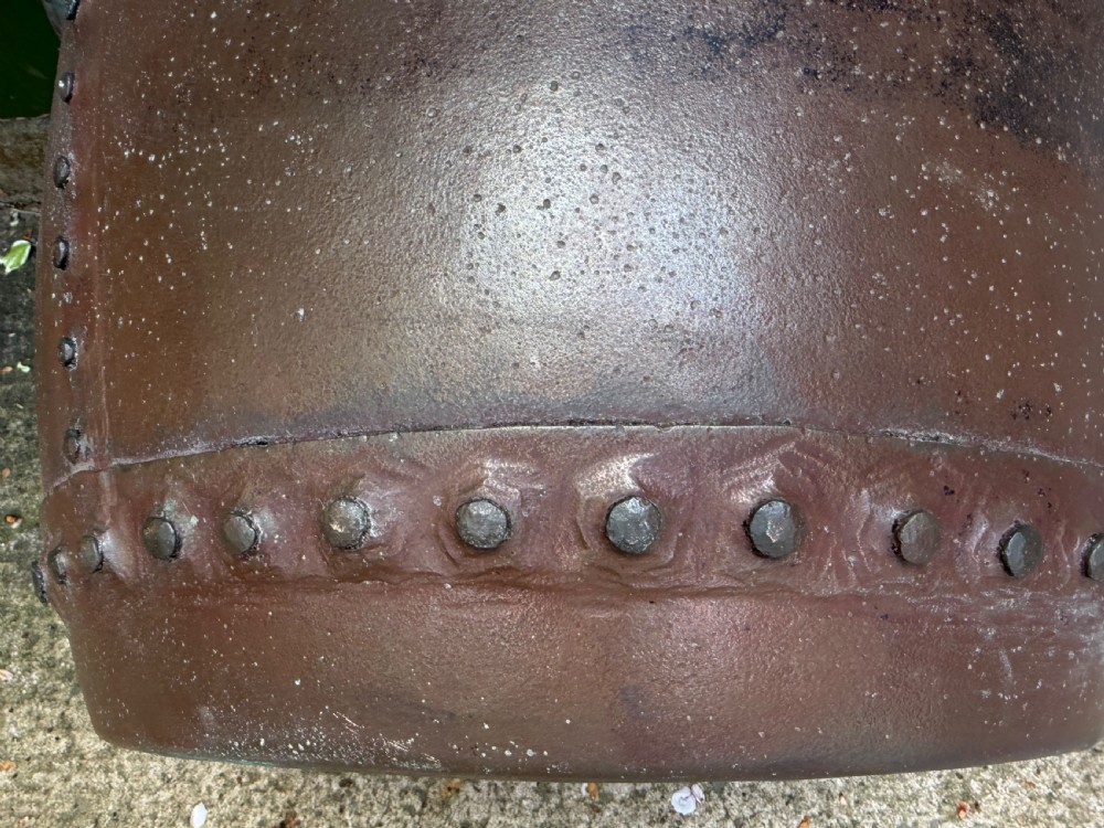 A matched pair of 19th-century copper wash tubs with riveted seams, wide rolled rims, and natural verdigris oxidisation. View XIV