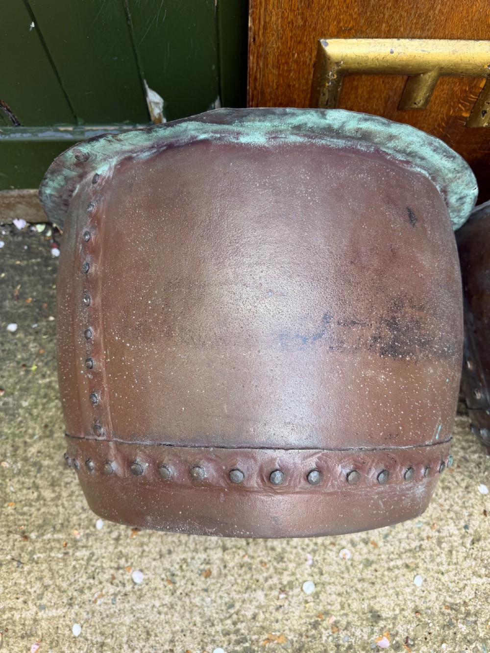 A matched pair of 19th-century copper wash tubs with riveted seams, wide rolled rims, and natural verdigris oxidisation. View XVI