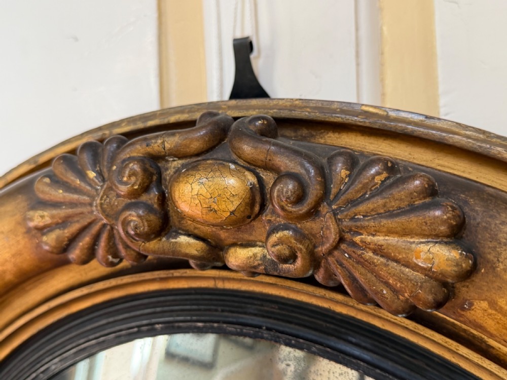 An early 19th-century Regency circular giltwood convex wall mirror featuring carved shell motifs, an ebonised reeded inner slip, and foxed mirror glass. View IV
