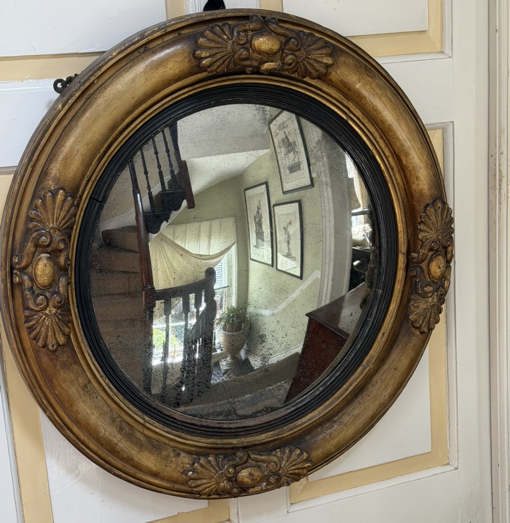 An early 19th-century Regency circular giltwood convex wall mirror featuring carved shell motifs, an ebonised reeded inner slip, and foxed mirror glass. View V