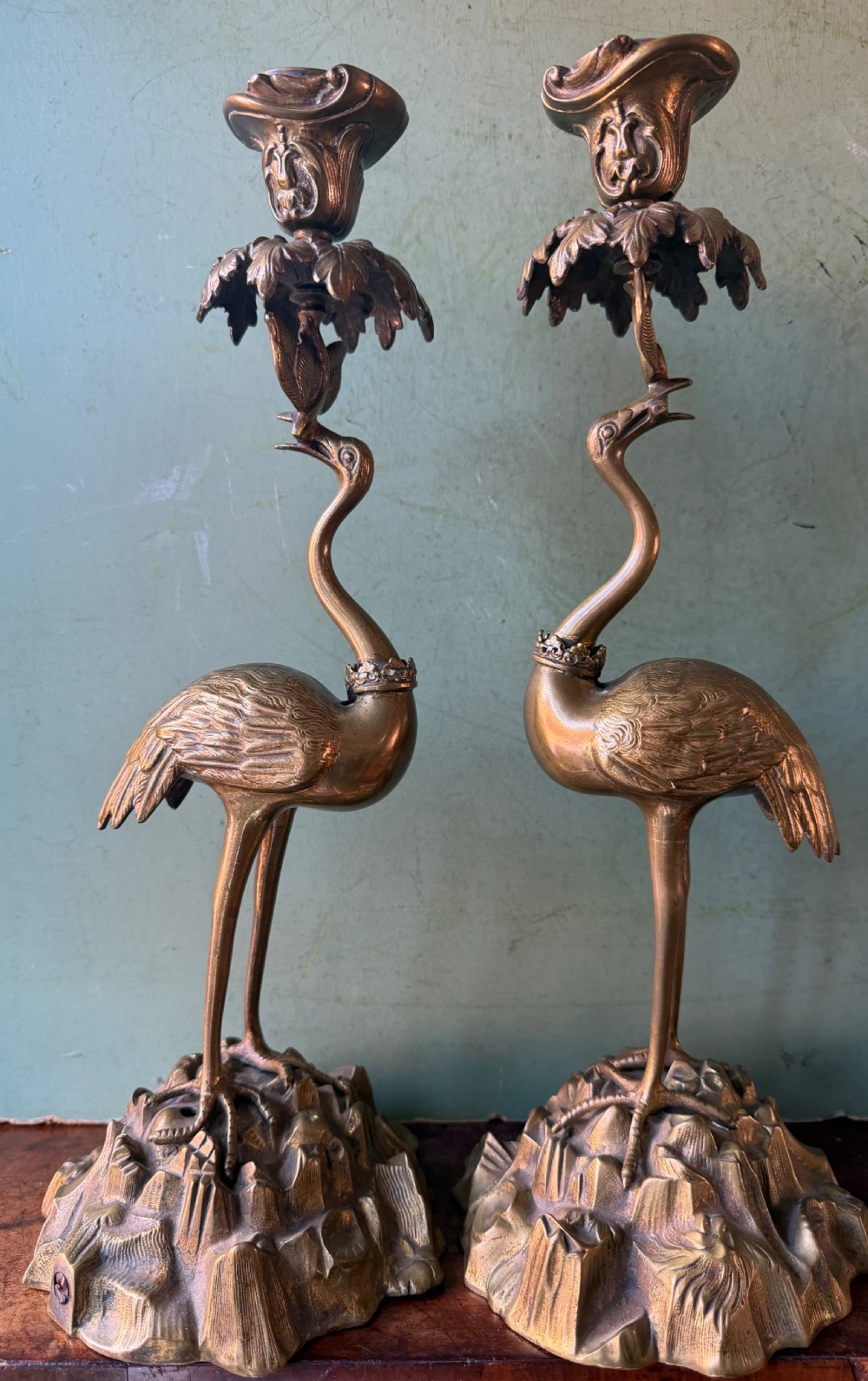 Pair of early C19th William IV period gilt bronze candlesticks in the form of heraldic cranes by Thomas Abbott of Birmingham. View III