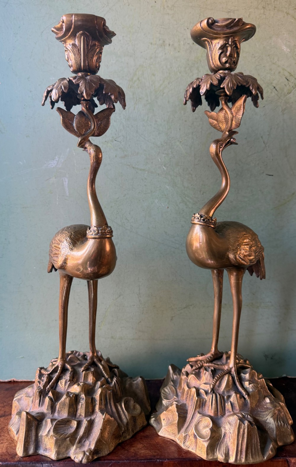 Pair of early C19th William IV period gilt bronze candlesticks in the form of heraldic cranes by Thomas Abbott of Birmingham. View V