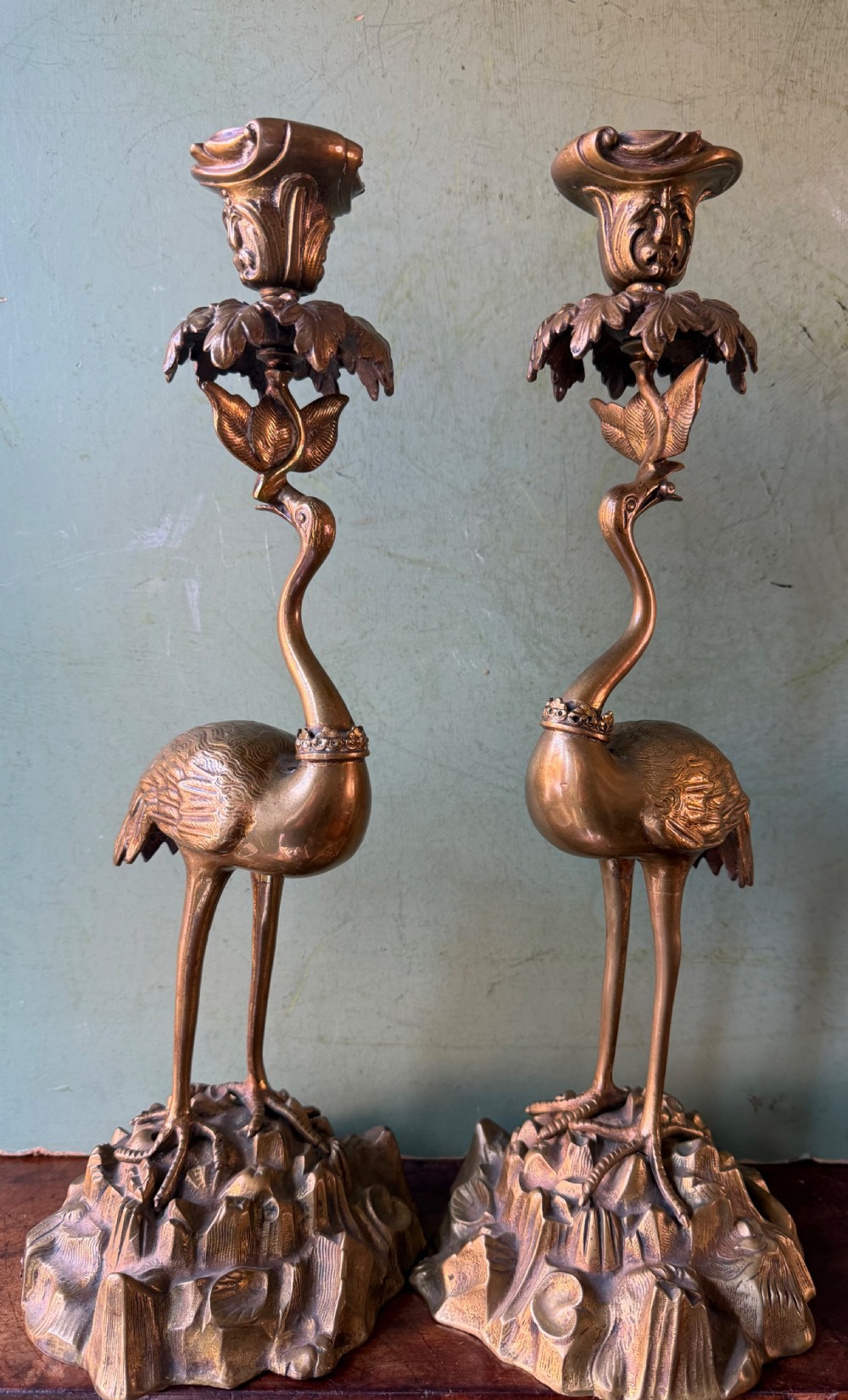 Pair of early C19th William IV period gilt bronze candlesticks in the form of heraldic cranes by Thomas Abbott of Birmingham. View VII