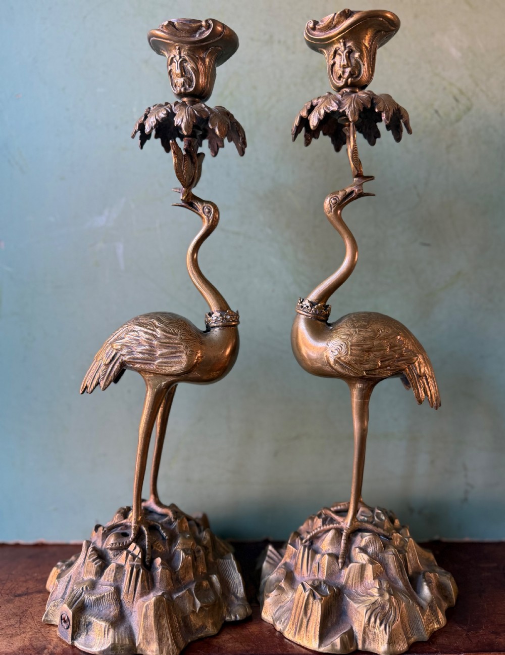 Pair of early C19th William IV period gilt bronze candlesticks in the form of heraldic cranes by Thomas Abbott of Birmingham. View XI