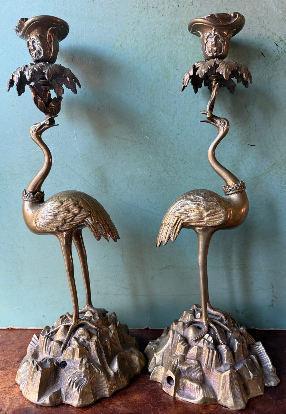 Pair of early C19th William IV period gilt bronze candlesticks in the form of heraldic cranes by Thomas Abbott of Birmingham. View XVI
