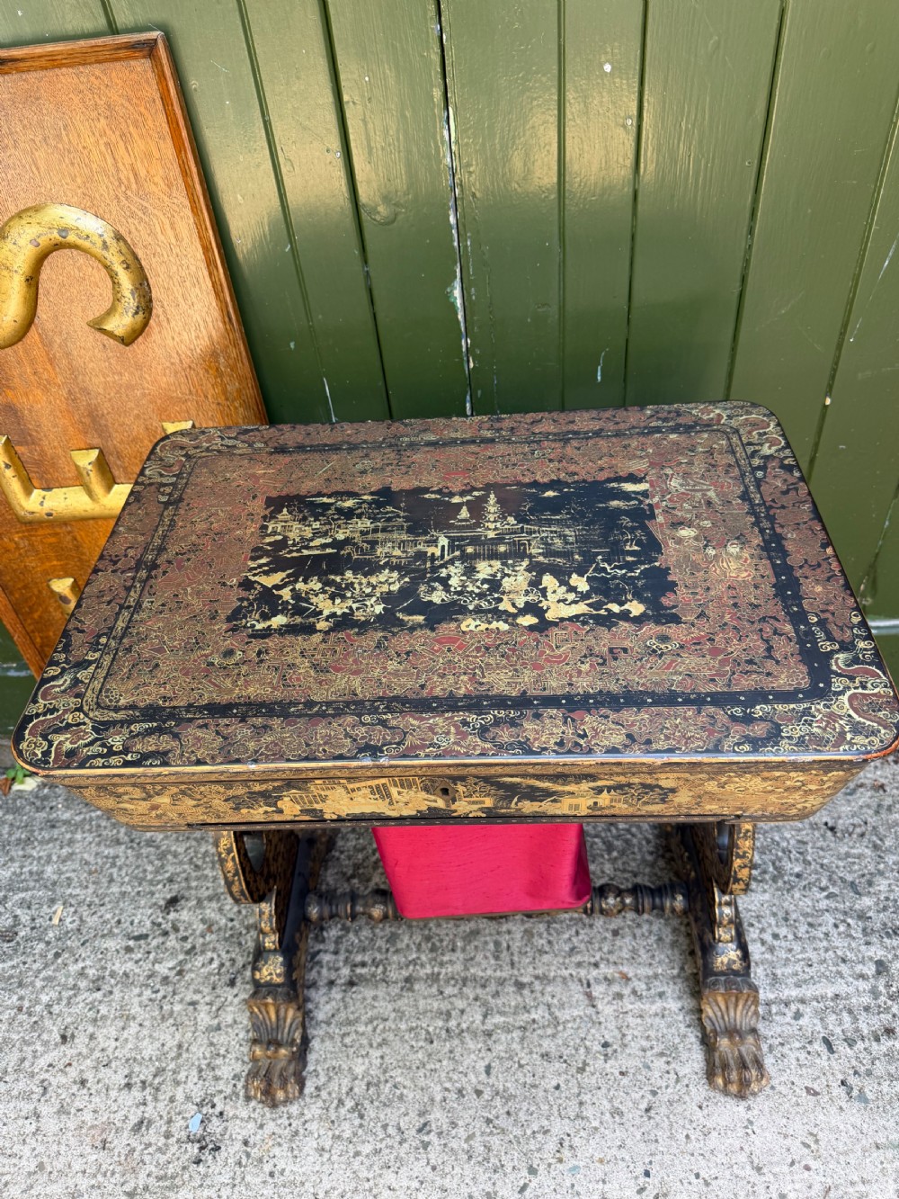 Mid C19th Chinese Export lacquer sewing or ladie’s work-table with gilded decoration. View II