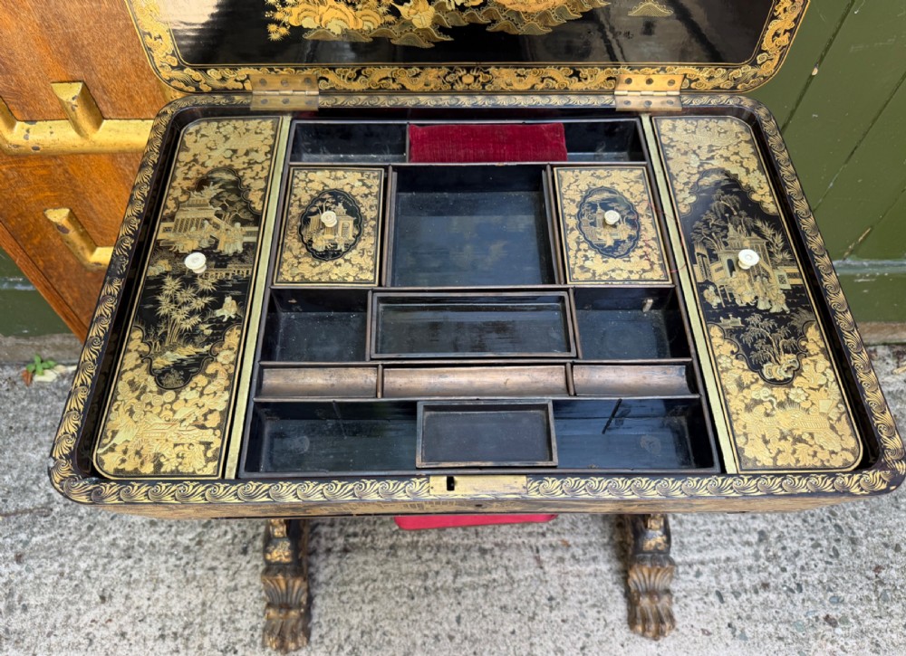 Mid C19th Chinese Export lacquer sewing or ladie’s work-table with gilded decoration. View IV