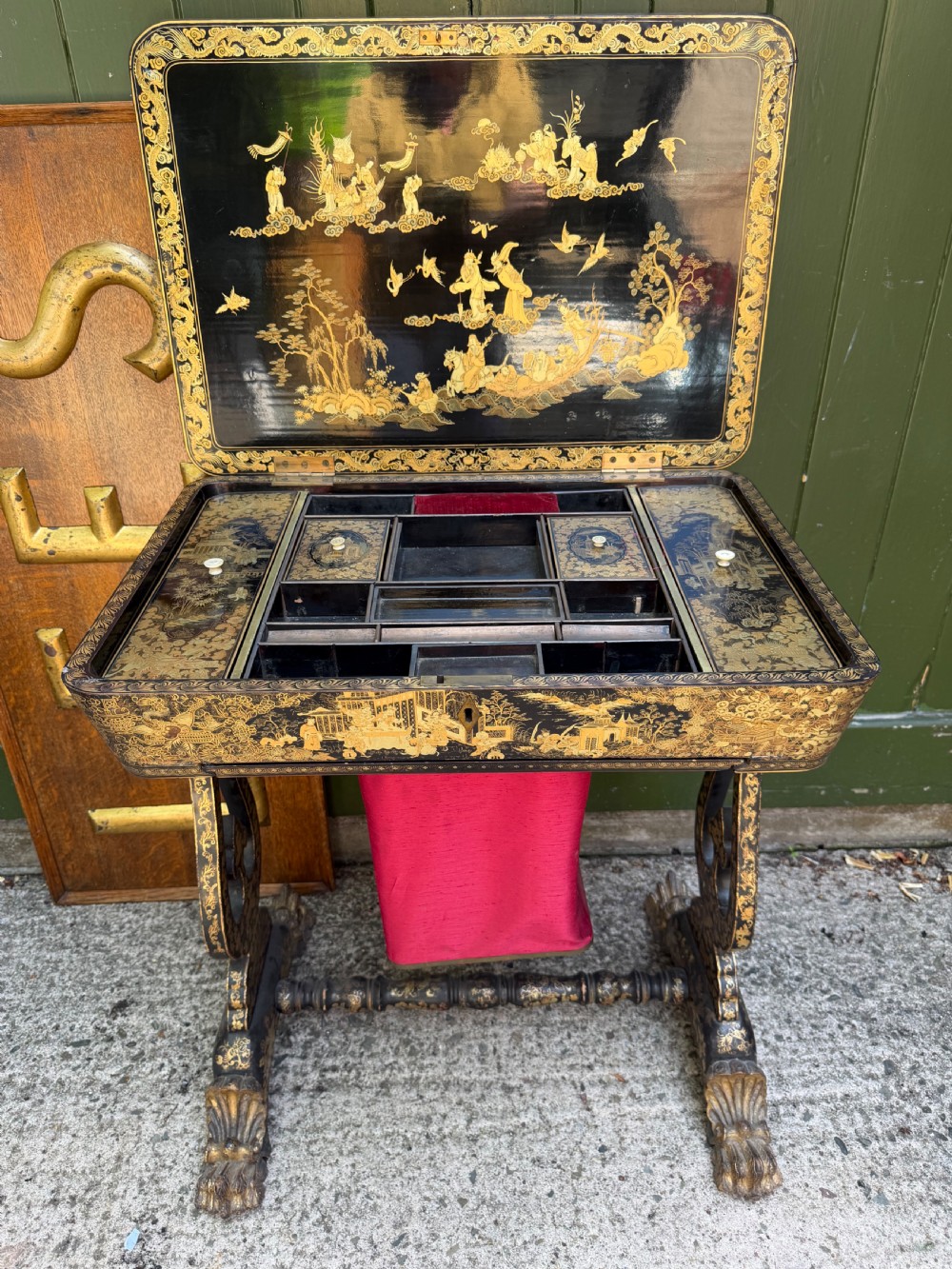 Mid C19th Chinese Export lacquer sewing or ladie’s work-table with gilded decoration. View V