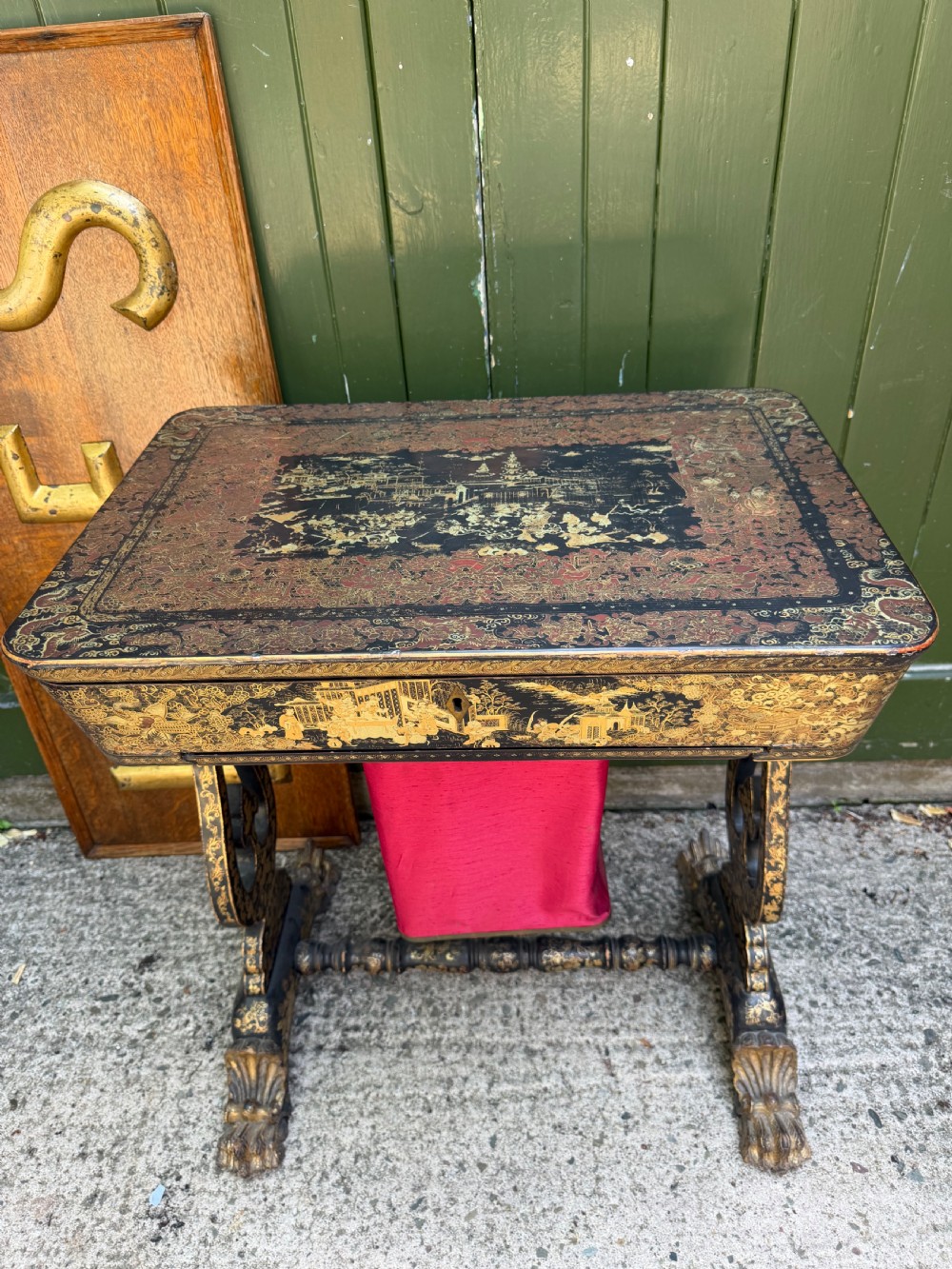 Mid C19th Chinese Export lacquer sewing or ladie’s work-table with gilded decoration. View VI