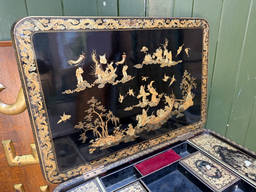 Mid C19th Chinese Export lacquer sewing or ladie’s work-table with gilded decoration. View VII