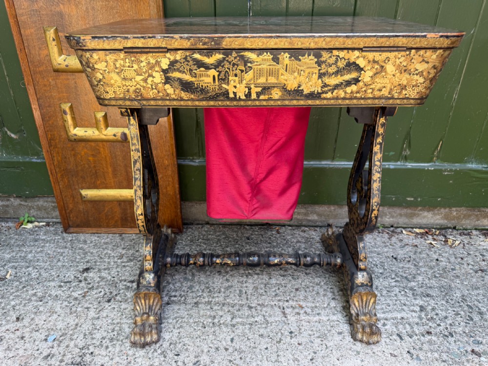 Mid C19th Chinese Export lacquer sewing or ladie’s work-table with gilded decoration. View XII