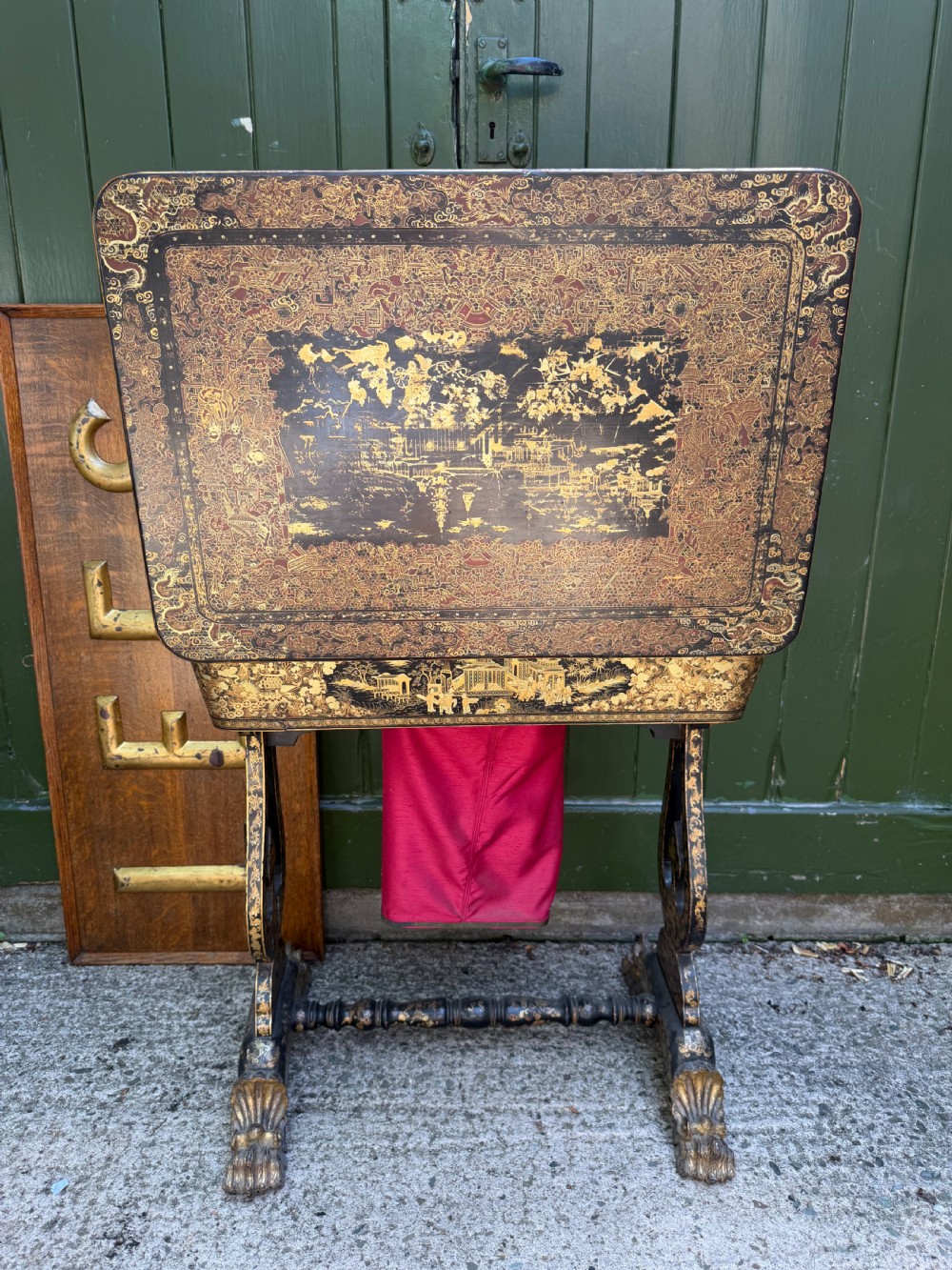 Mid C19th Chinese Export lacquer sewing or ladie’s work-table with gilded decoration. View XIII