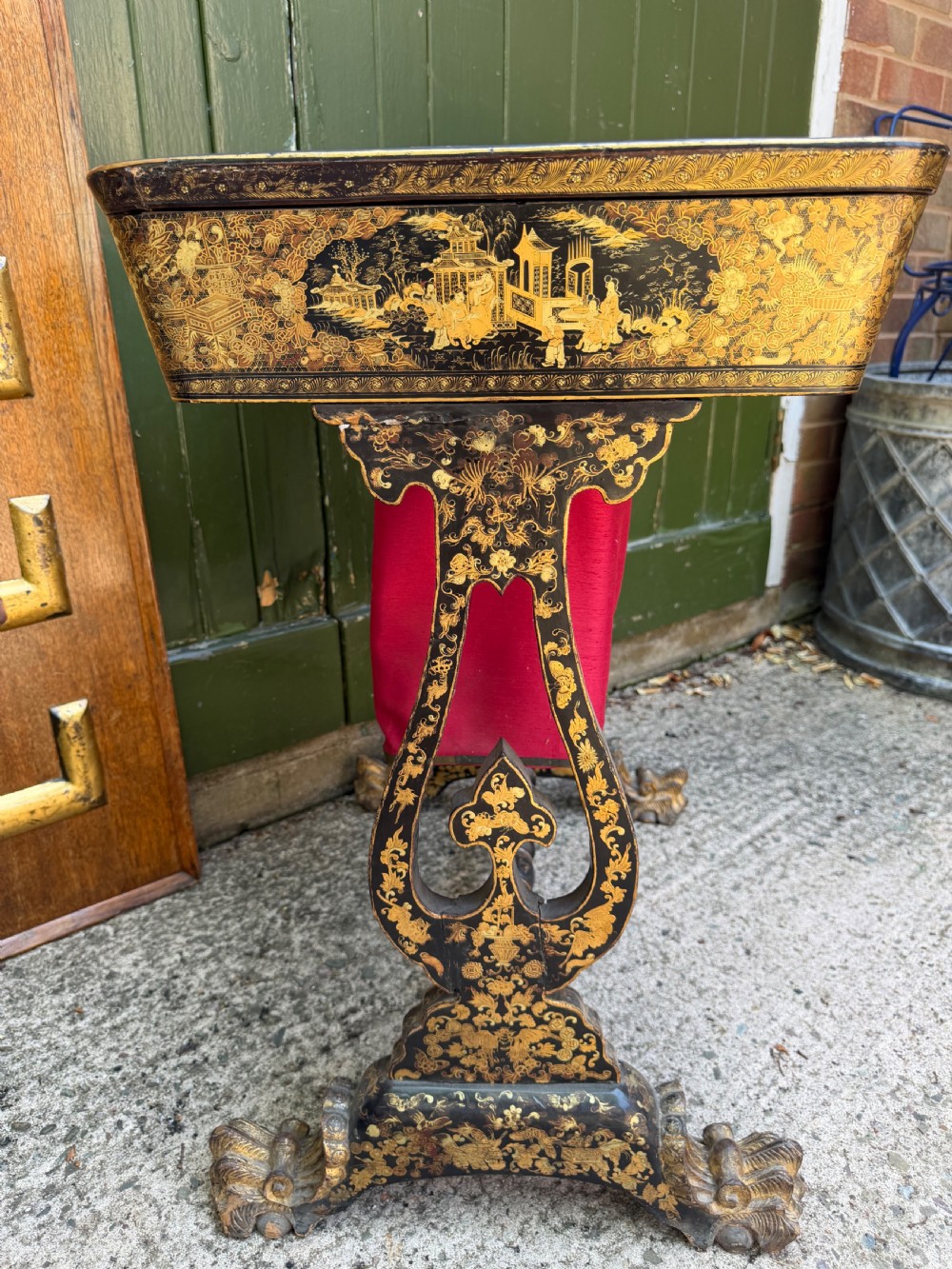 Mid C19th Chinese Export lacquer sewing or ladie’s work-table with gilded decoration. View XIV