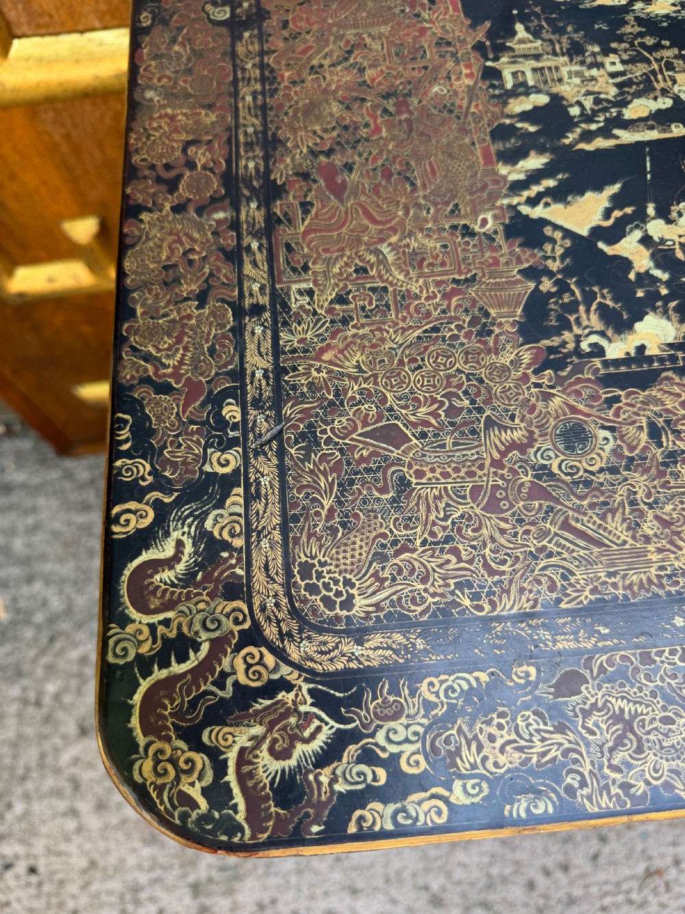 Mid C19th Chinese Export lacquer sewing or ladie’s work-table with gilded decoration. View XV
