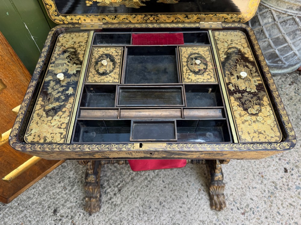 Mid C19th Chinese Export lacquer sewing or ladie’s work-table with gilded decoration. View XVI