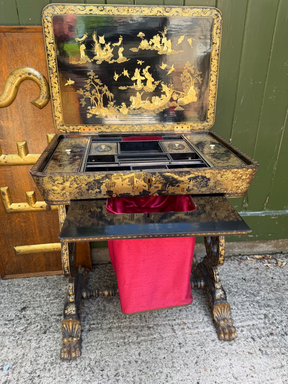 Mid C19th Chinese Export lacquer sewing or ladie’s work-table with gilded decoration. View XVII