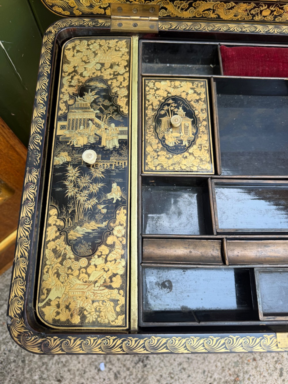 Mid C19th Chinese Export lacquer sewing or ladie’s work-table with gilded decoration. View XVIII