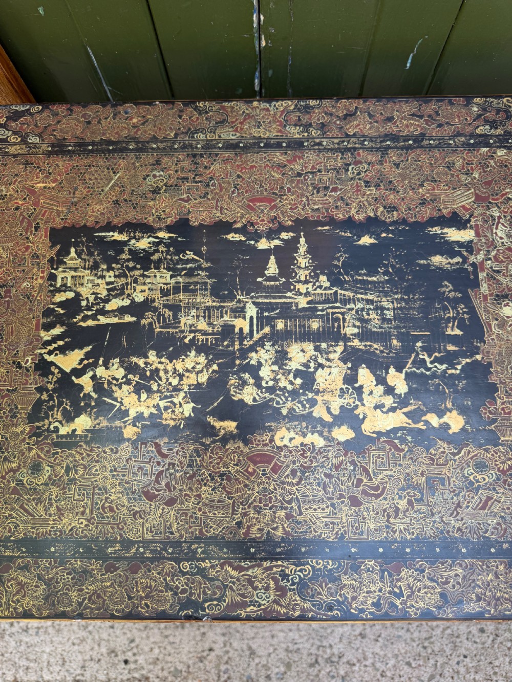 Mid C19th Chinese Export lacquer sewing or ladie’s work-table with gilded decoration. View XIX