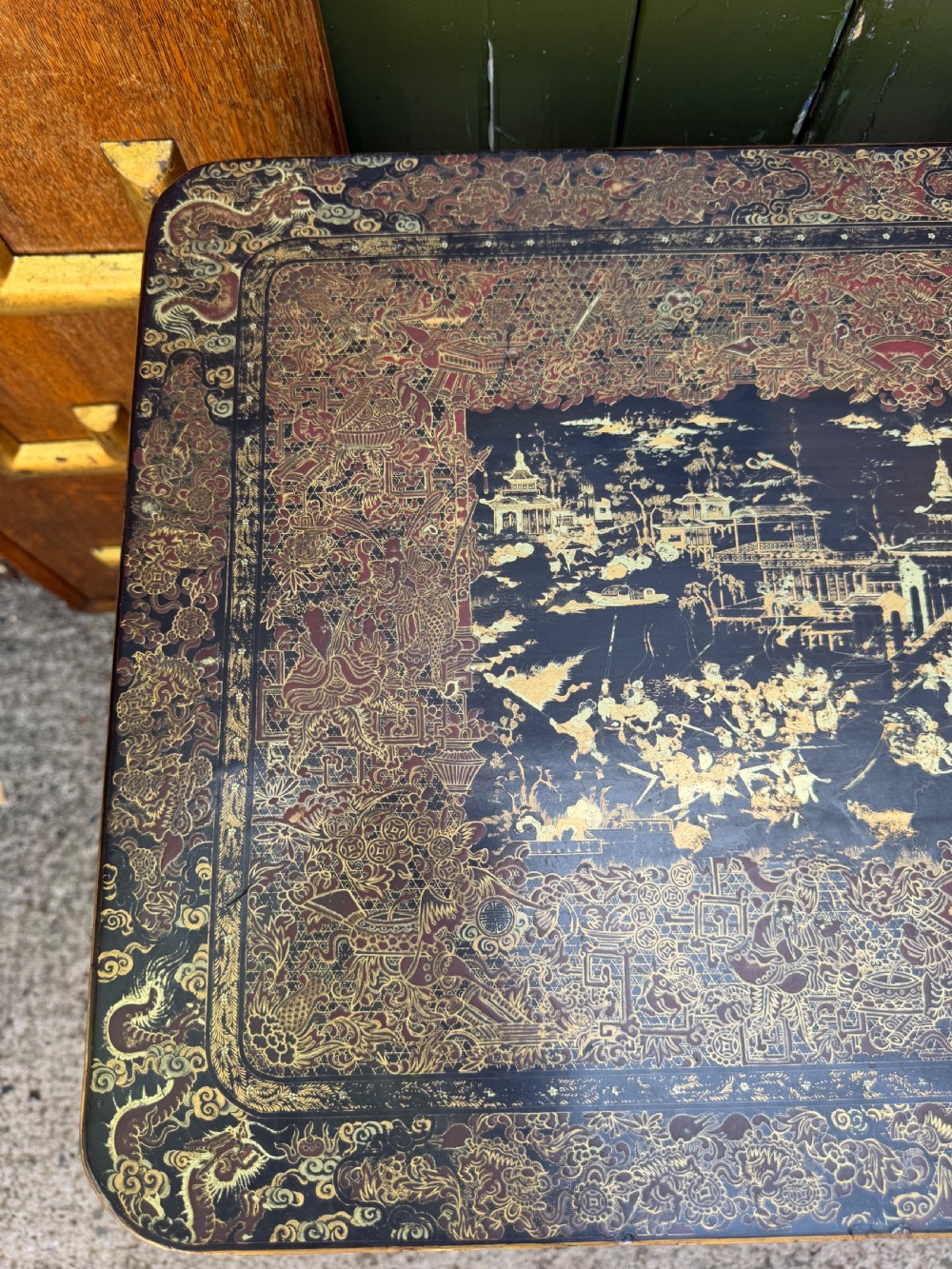 Mid C19th Chinese Export lacquer sewing or ladie’s work-table with gilded decoration. View XX