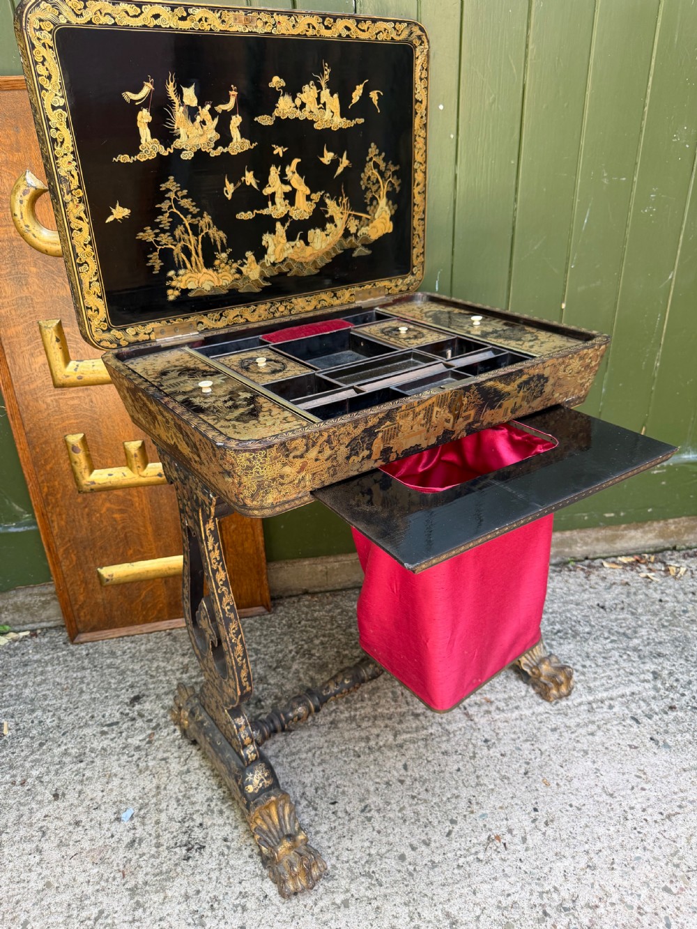 Mid C19th Chinese Export lacquer sewing or ladie’s work-table with gilded decoration. View XXI