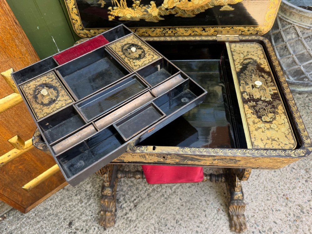 Mid C19th Chinese Export lacquer sewing or ladie’s work-table with gilded decoration. View XXIII