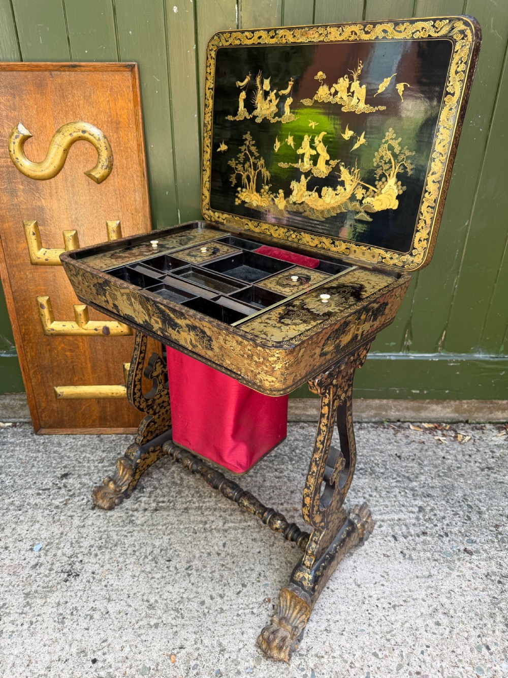 Mid C19th Chinese Export lacquer sewing or ladie’s work-table with gilded decoration. View XXIV