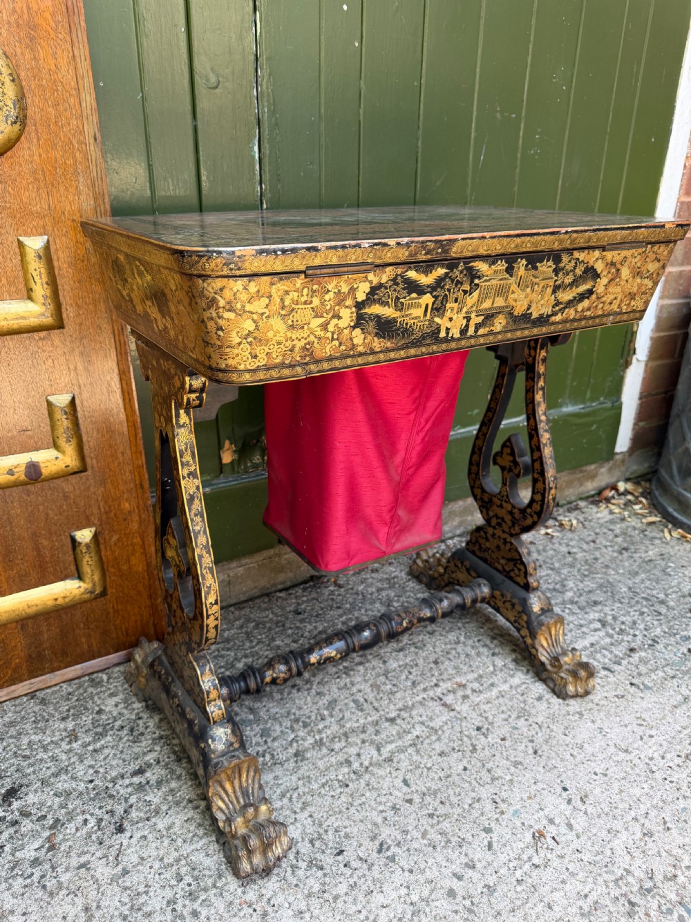 Mid C19th Chinese Export lacquer sewing or ladie’s work-table with gilded decoration. View XXVIII