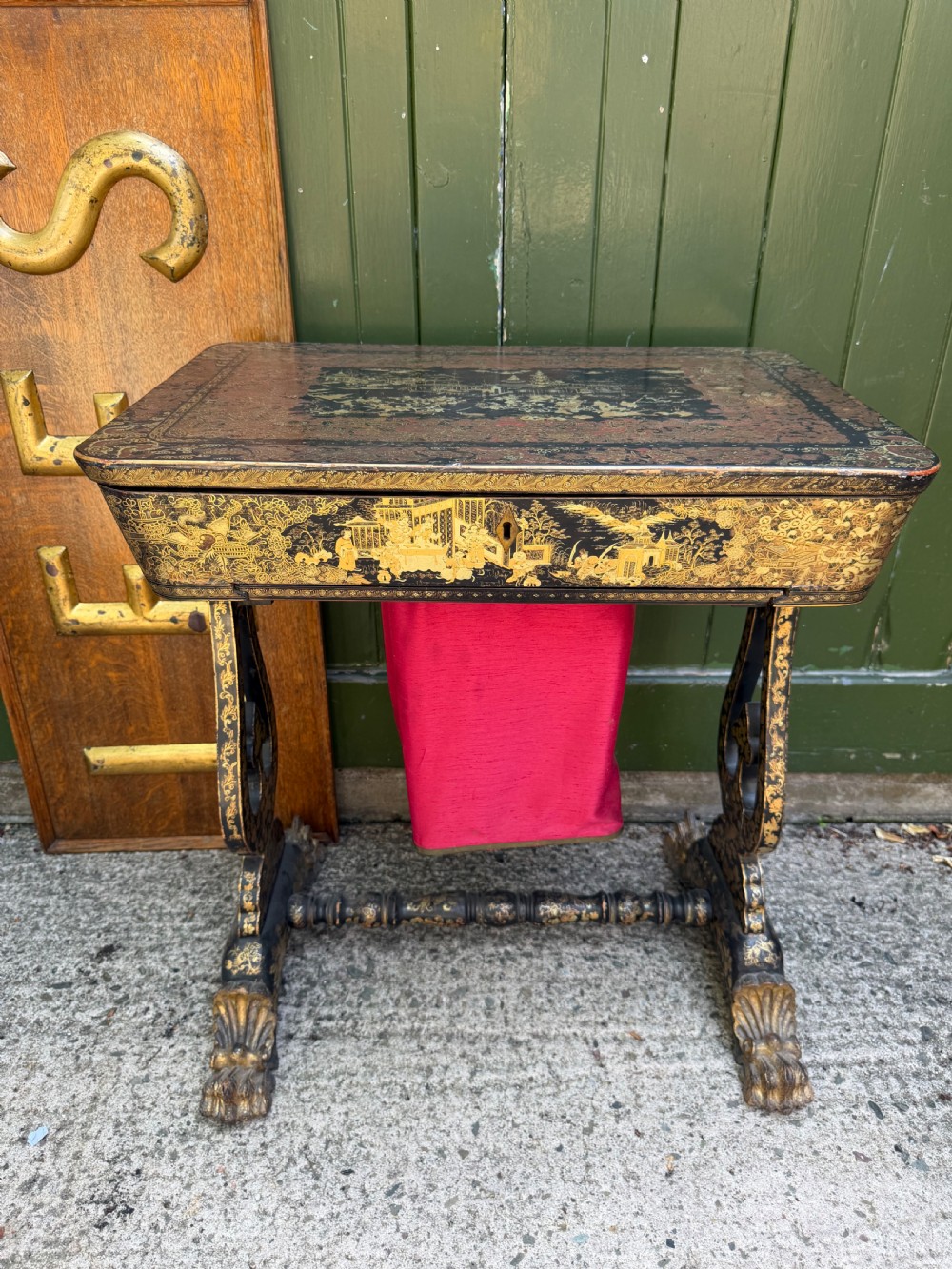 Mid C19th Chinese Export lacquer sewing or ladie’s work-table with gilded decoration. View XXIX