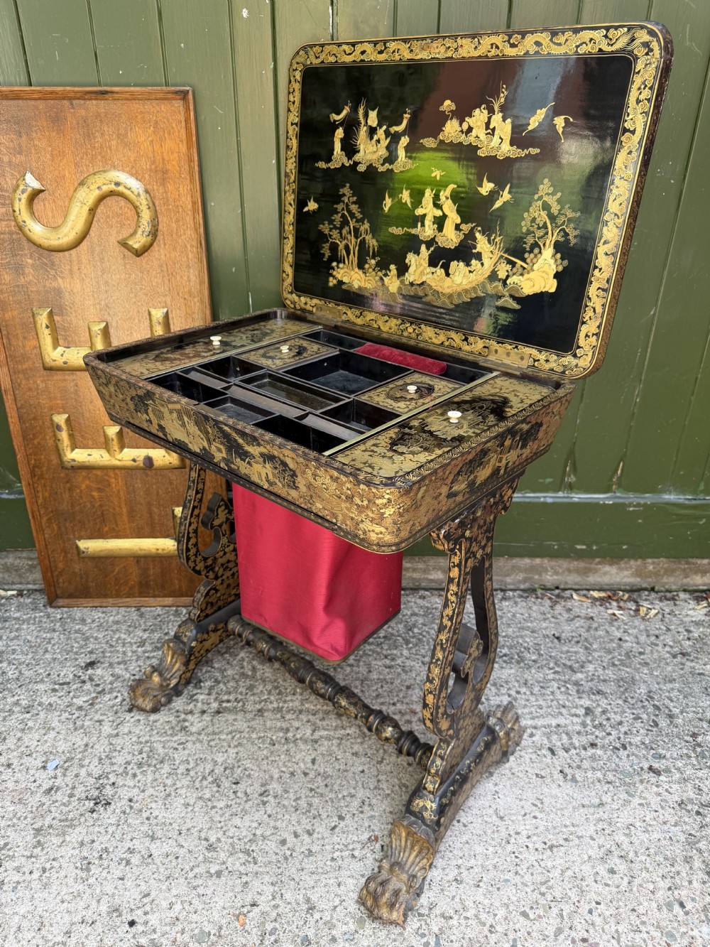 Mid C19th Chinese Export lacquer sewing or ladie’s work-table with gilded decoration. View XXX