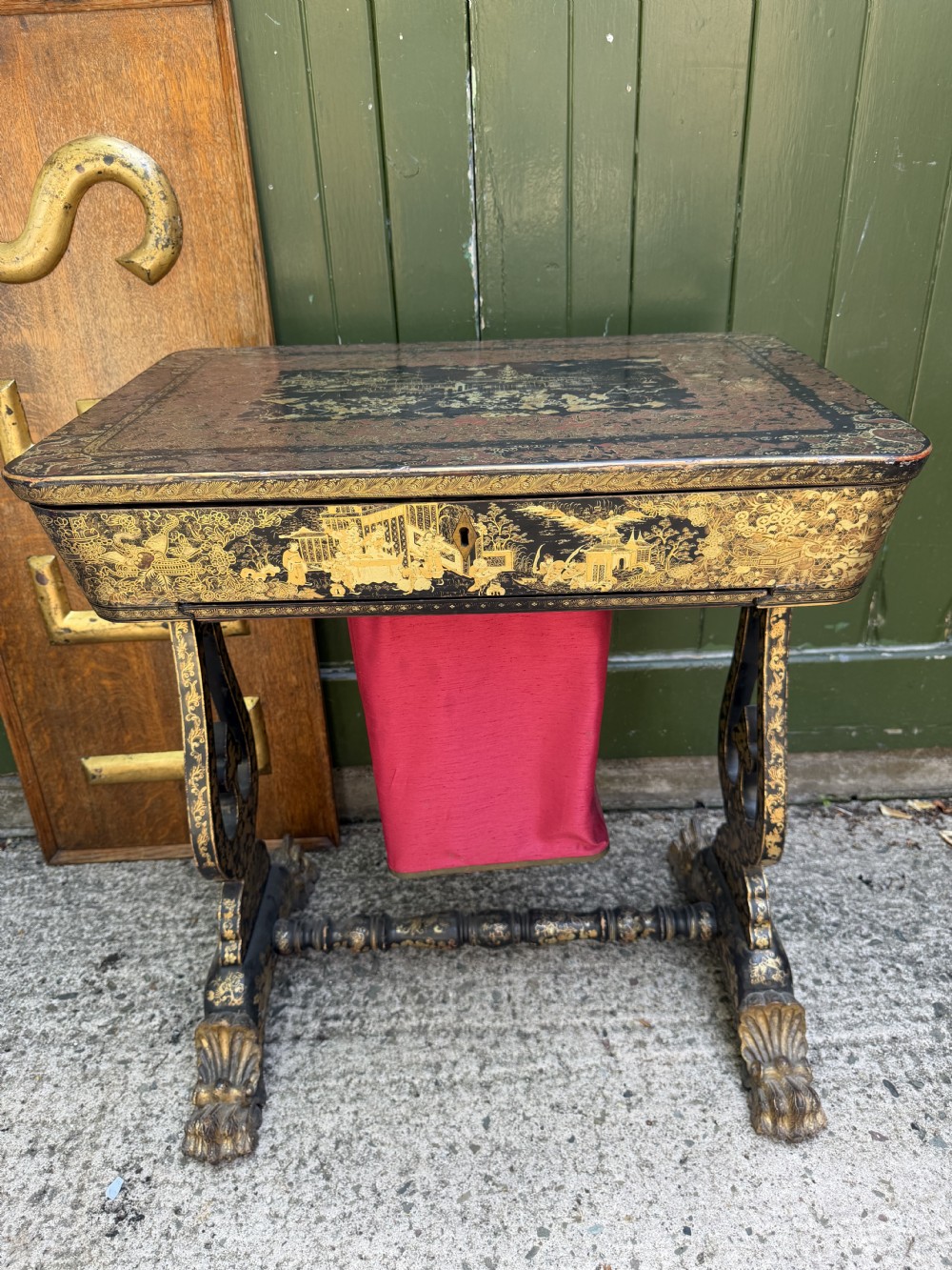 Mid C19th Chinese Export lacquer sewing or ladie’s work-table with gilded decoration. View XXXI