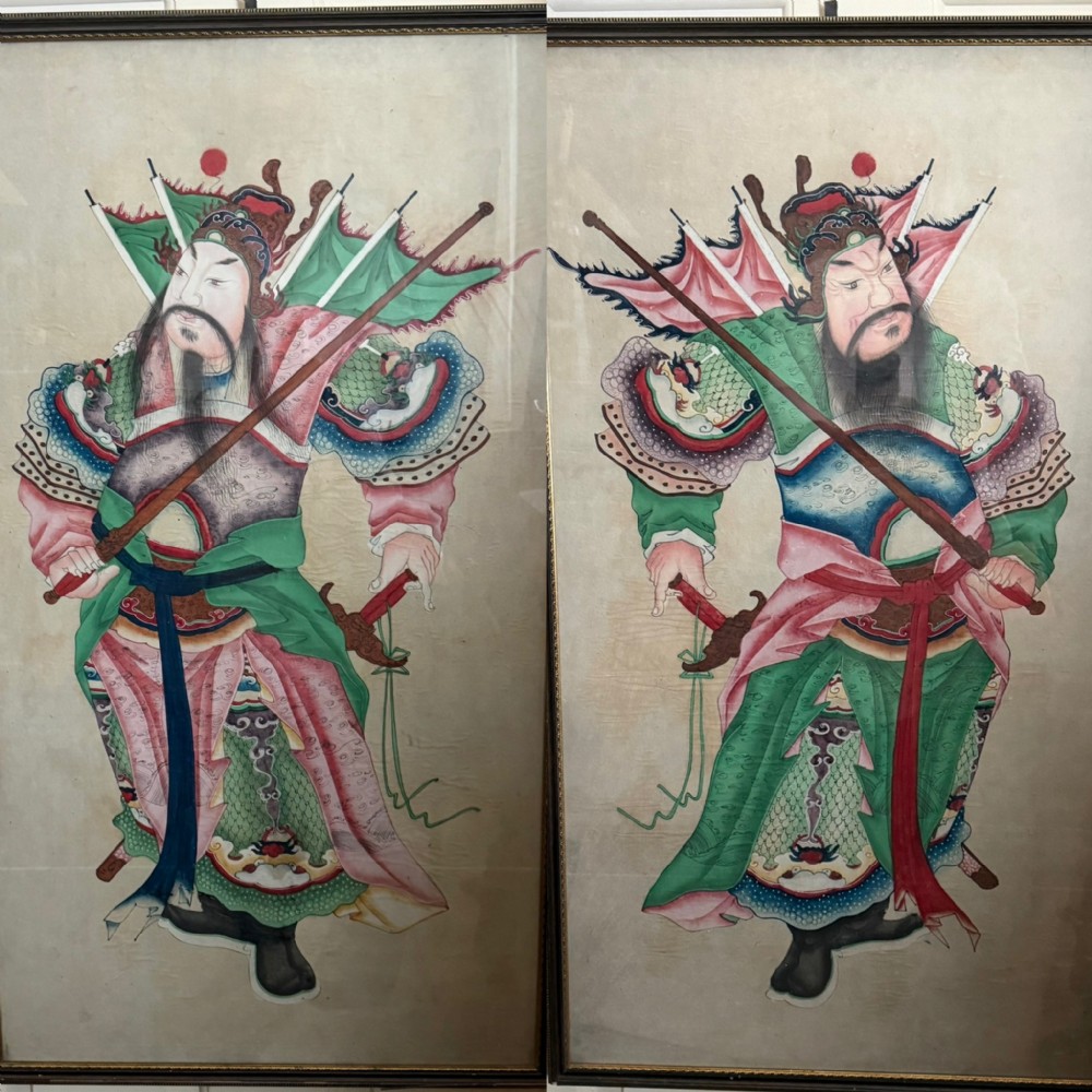 Large pair of  mid C19th finely-painted Chinese watercolours depicting Menshen or door gods . 