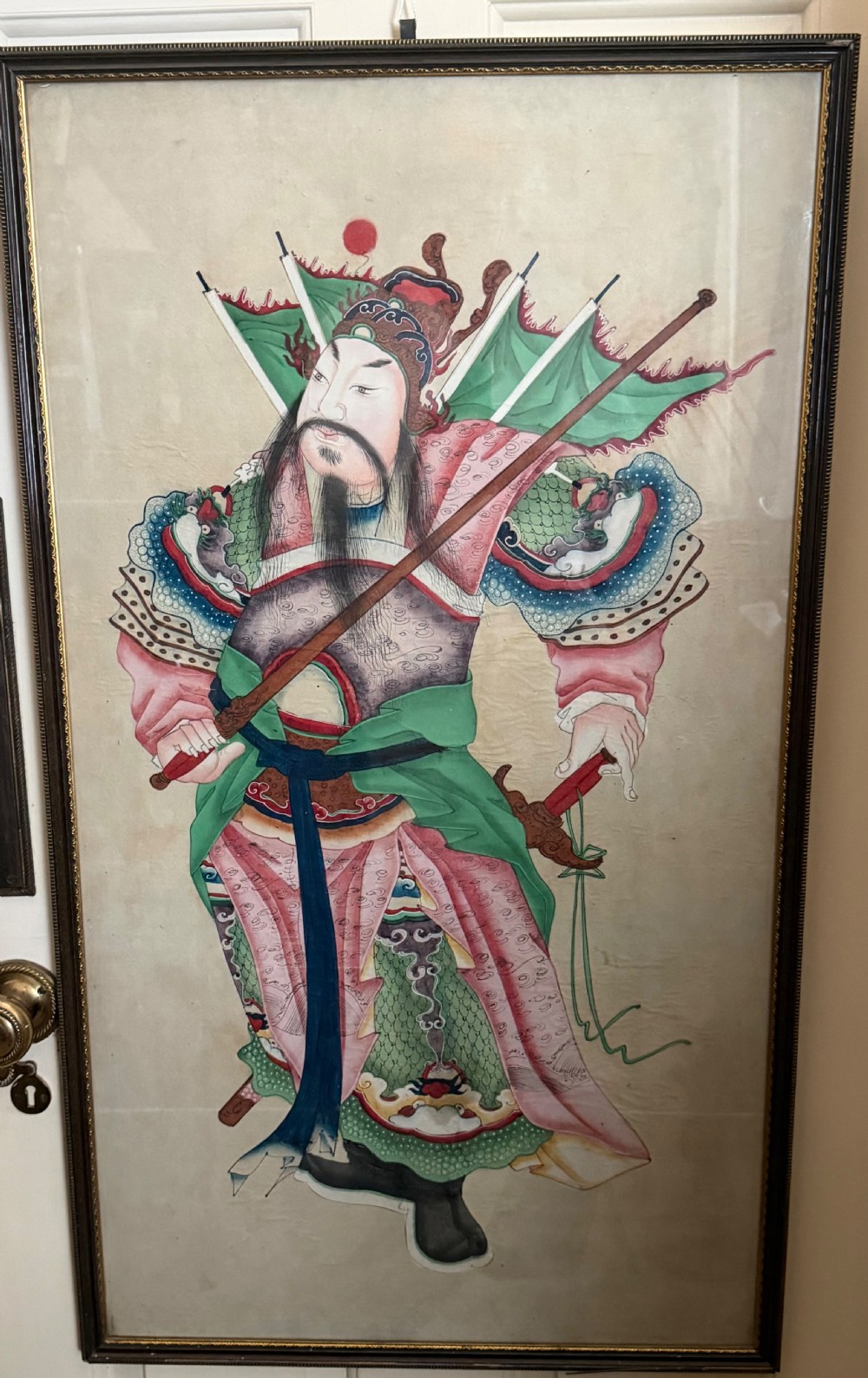 Large pair of  mid C19th finely-painted Chinese watercolours depicting Menshen or door gods .  View X