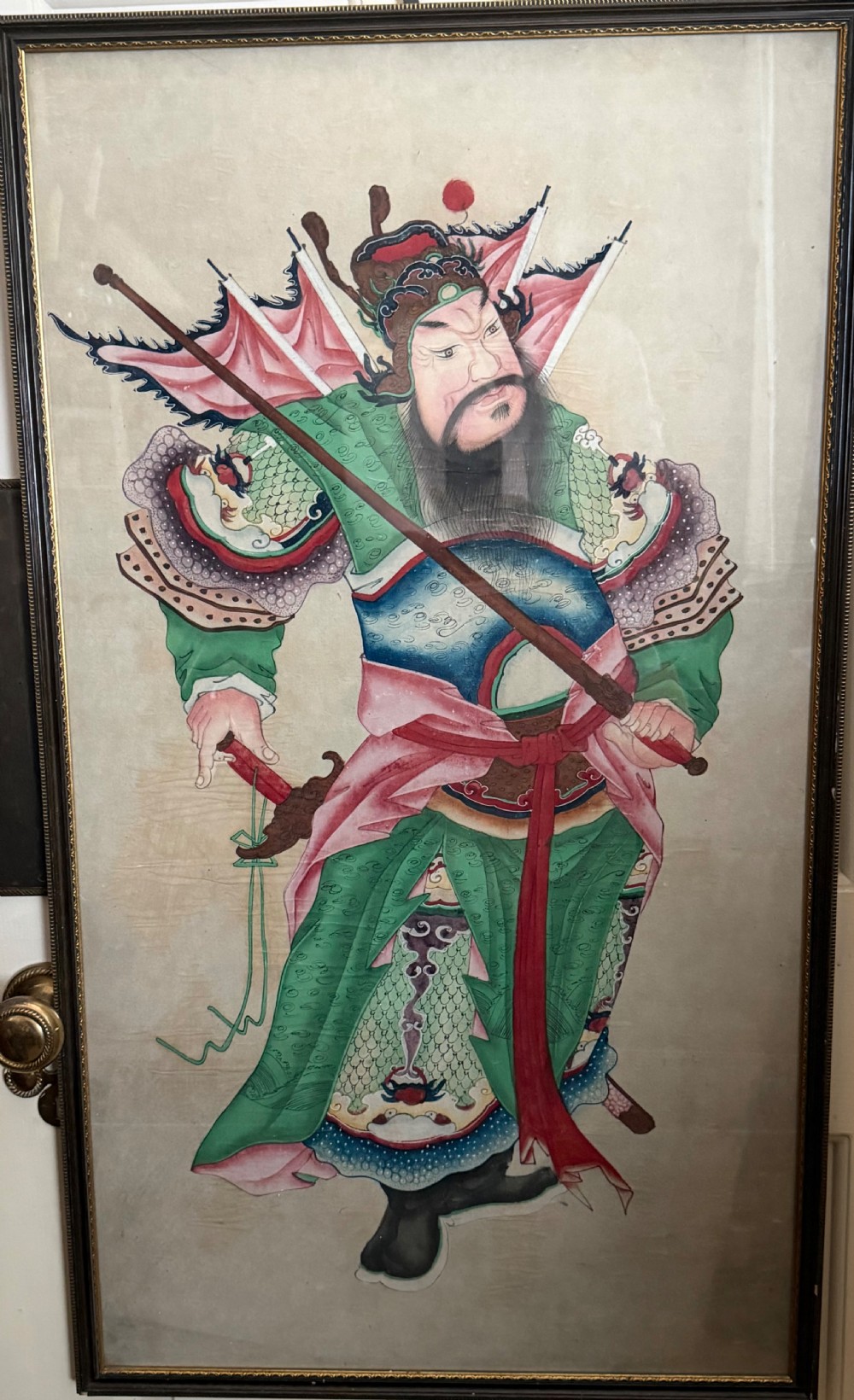 Large pair of  mid C19th finely-painted Chinese watercolours depicting Menshen or door gods .  View XIX