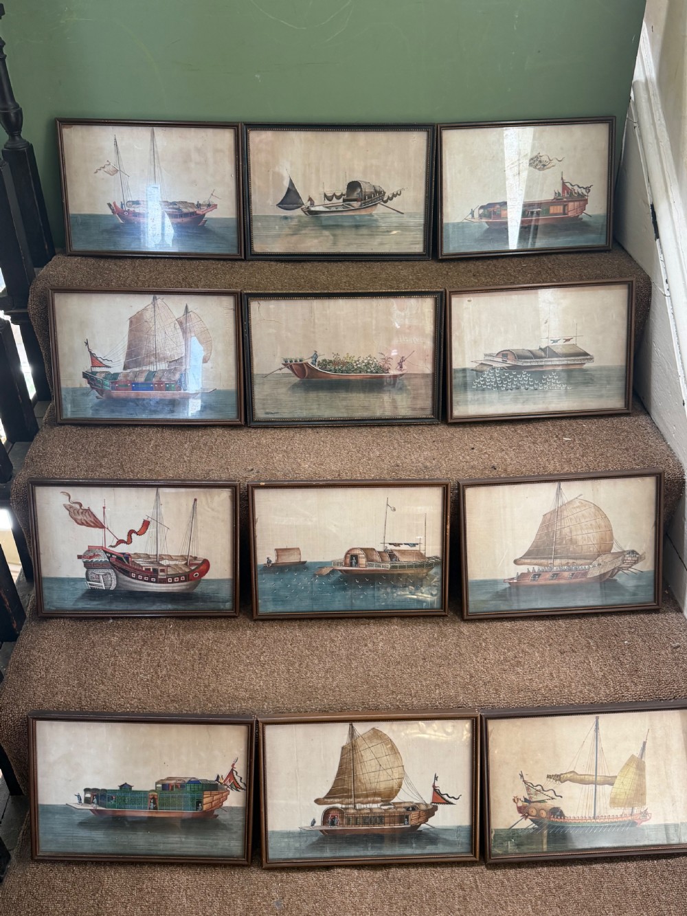A set of twelve late nineteenth-century framed Chinese export gouache paintings depicting various traditional junks and maritime vessels against light neutral backgrounds. View II