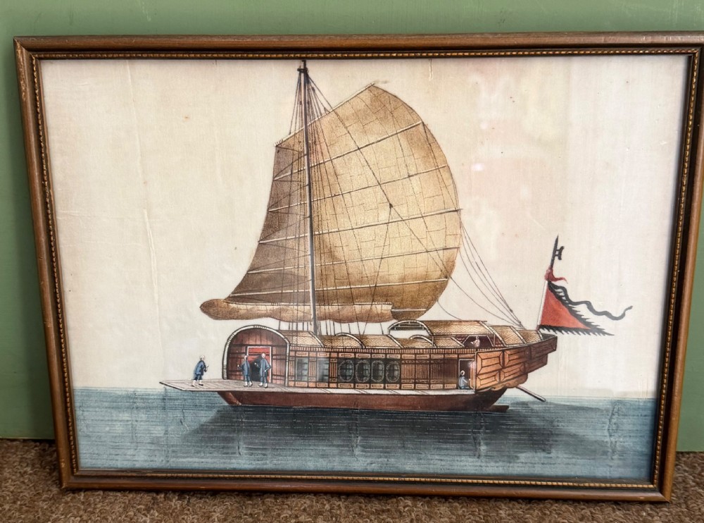 A set of twelve late nineteenth-century framed Chinese export gouache paintings depicting various traditional junks and maritime vessels against light neutral backgrounds. View V